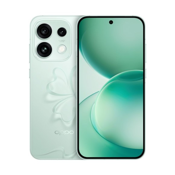 Oppo Reno 16 smartphone featuring 16GB RAM and 1024GB storage in a mint green color.