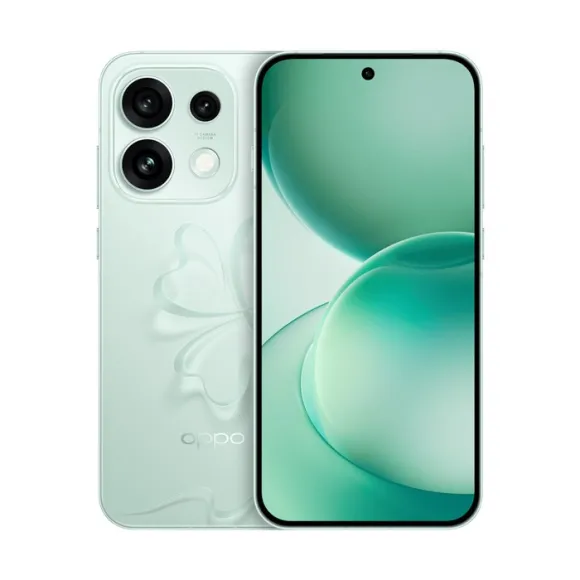 Oppo Reno 16 smartphone featuring 16GB RAM and 1024GB storage in a mint green color.