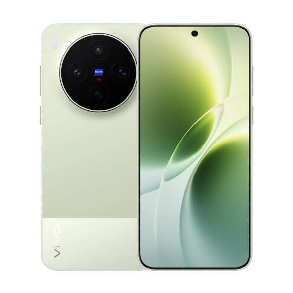 Vivo X300s smartphone in light green with 16GB RAM and 1024GB storage, featuring a large display and circular camera module.