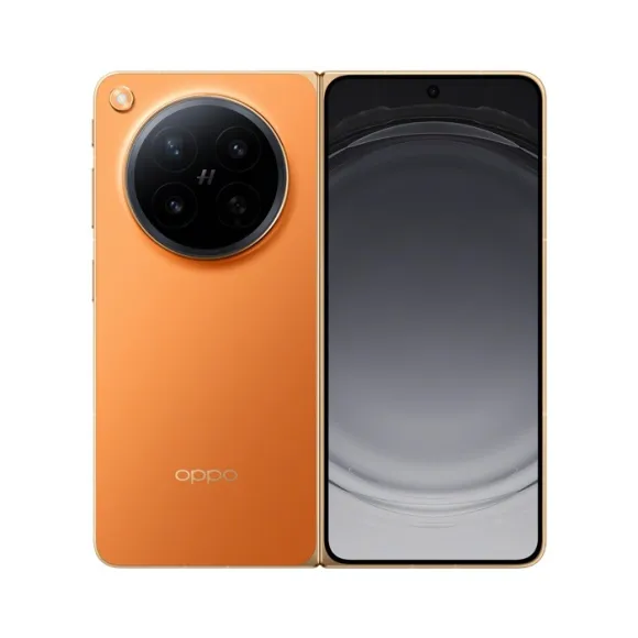 Oppo Find N6 foldable smartphone in orange, featuring 16GB RAM and 1TB storage, showcasing sleek design and advanced camera.