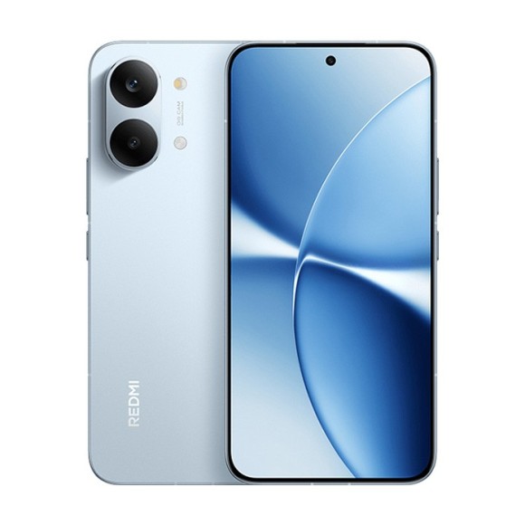 Redmi Turbo 5 Max smartphone in silver, featuring 12GB RAM and 256GB storage, with a sleek design and dual cameras.