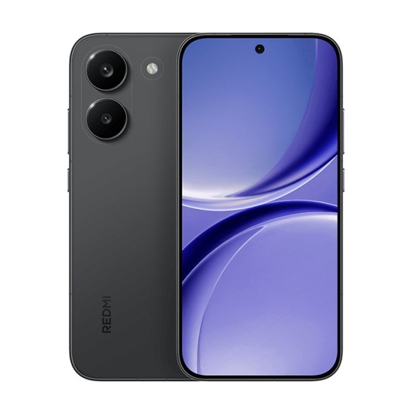 Redmi Turbo 5 smartphone in black, featuring a sleek design with dual cameras and a large display. 12GB RAM, 256GB storage.