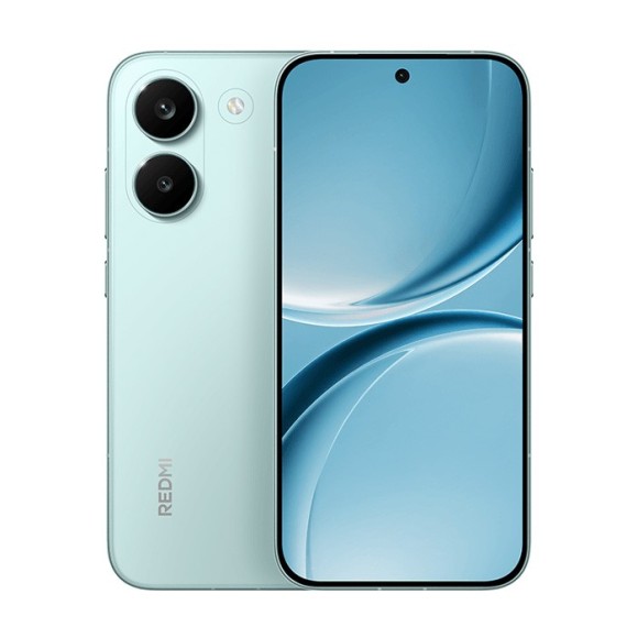 Redmi Turbo 5 smartphone with 16GB RAM and 256GB storage, featuring dual rear cameras and a large display.