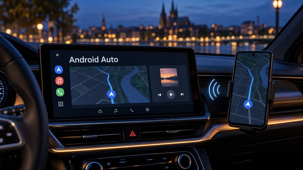 AI illustration of Android Auto navigation and music on a car display at blue hour