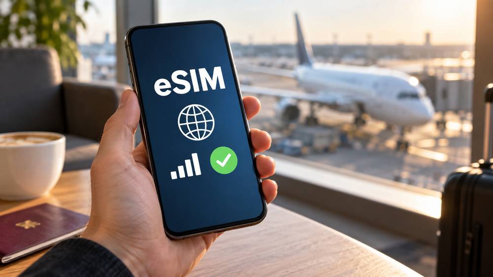 AI illustration of a smartphone with an active travel eSIM profile in an airport lounge