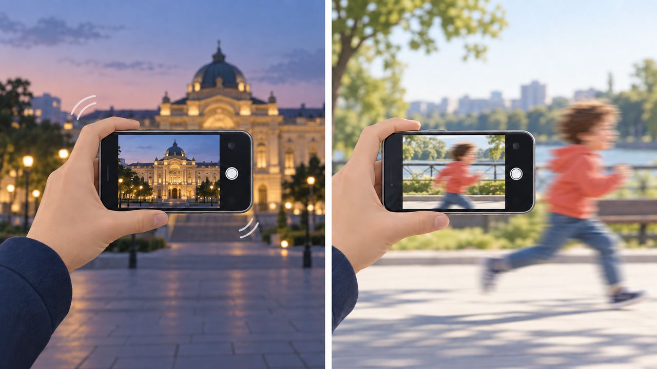 Schematischer Vergleich: links bewegt sich das Smartphone vor einer beleuchteten Fassade, rechts bewegt sich ein laufendes Kind vor der ruhigen Kamera.