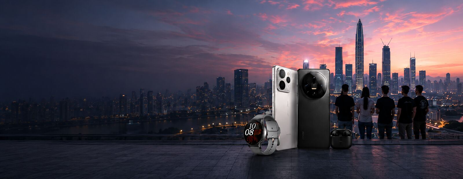 Die Skyline von Shenzhen mit ausgewählten Smartphones und Zubehör