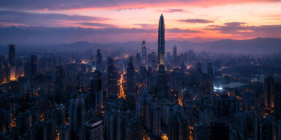 Die Skyline von Shenzhen bei Sonnenuntergang