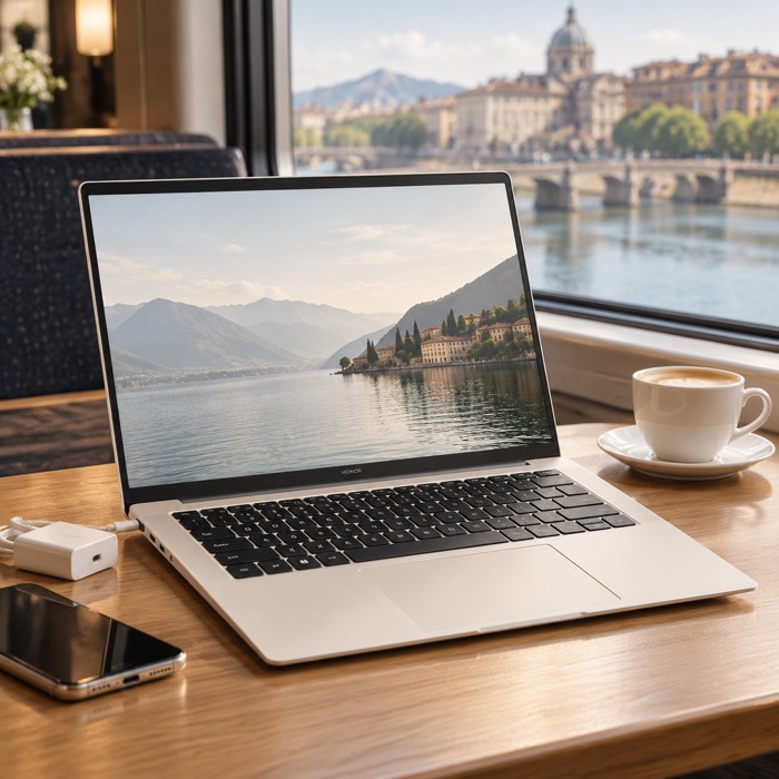 HONOR MagicBook 14 (2026) in Gold on a table with a compact white charger and a smartphone