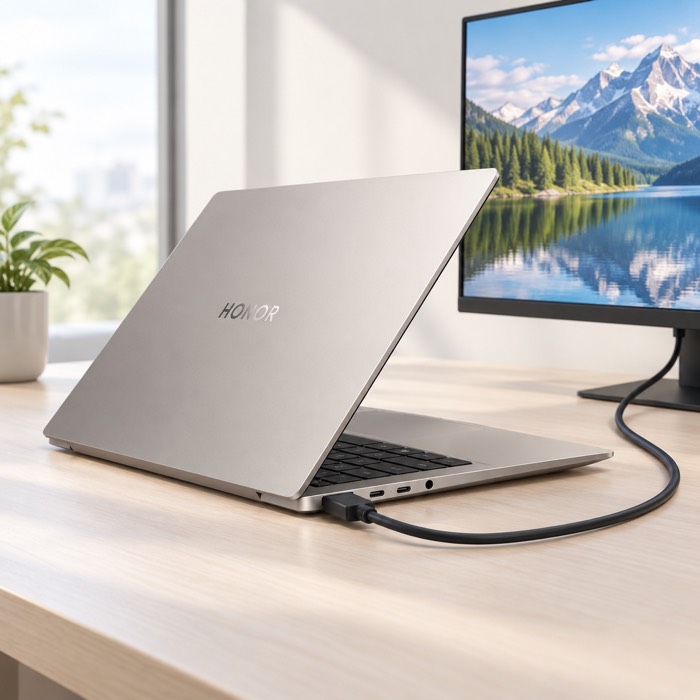 Port side of the HONOR MagicBook 14 (2026) in Starry Gray with an HDMI cable to a monitor