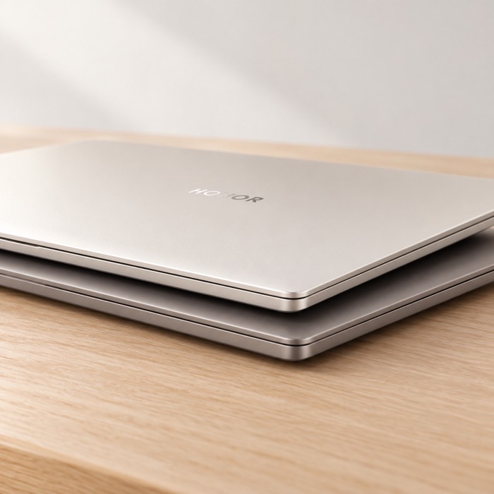 Two closed HONOR MagicBook 14 (2026) in Gold and Starry Gray, slim profile