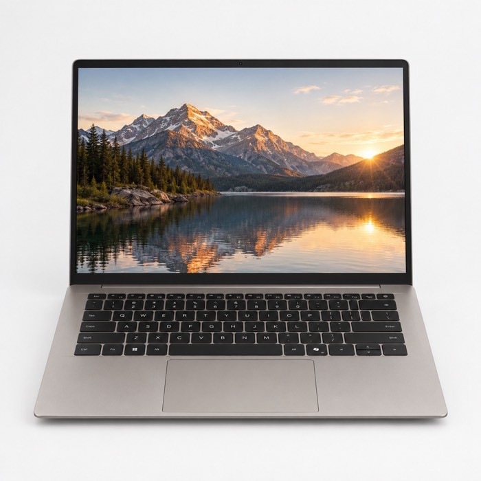 HONOR MagicBook 14 (2026) in Starry Gray, opened, front view, matte display showing a landscape photo