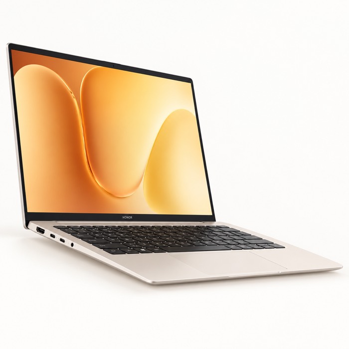 HONOR MagicBook 14 (2026) in Gold, three-quarter view, slightly opened