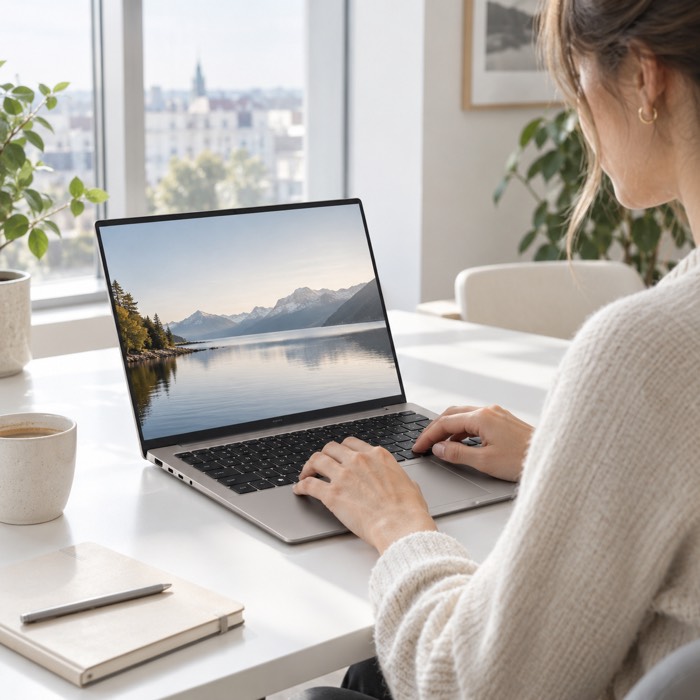 Person working at an office desk with the HONOR MagicBook 14 (2026) in Starry Gray
