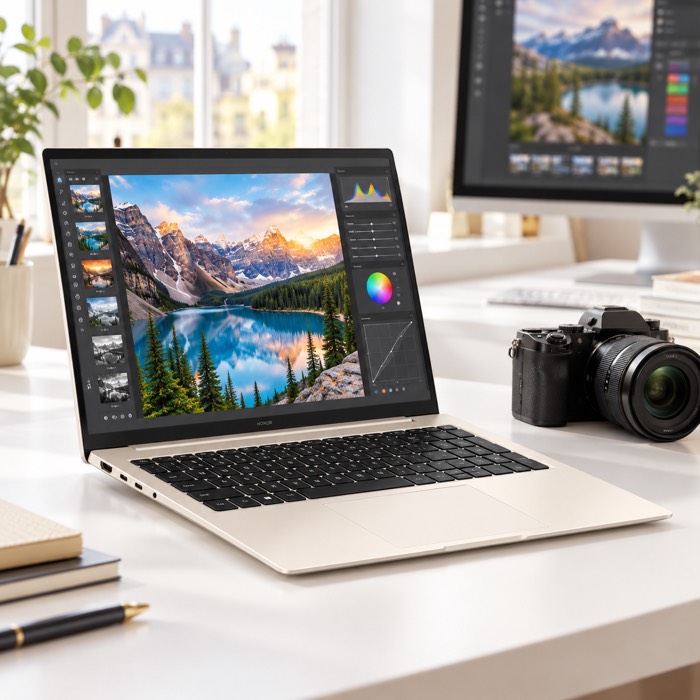 HONOR MagicBook 14 (2026) in Gold at a creative workstation with photo and video editing