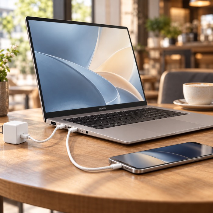 HONOR MagicBook 16 on a café table with a GaN charger and a phone