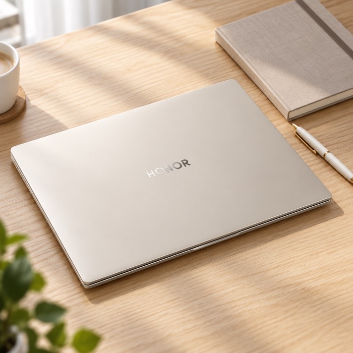 Closed HONOR MagicBook 16 in Floating Gold with a notebook on a wooden table