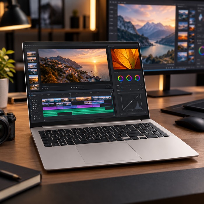 HONOR MagicBook 16 with Intel Core Ultra 5 336H at a creative desk