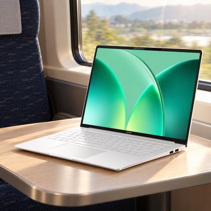 HONOR MagicBook Pro 14 in Moonlight White on a train table