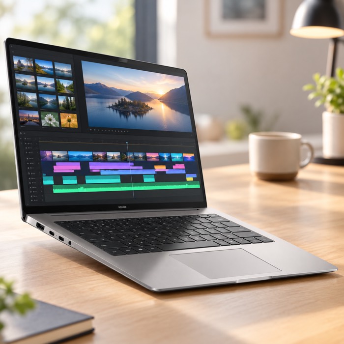 HONOR MagicBook Pro 14 with Intel Core Ultra 5 338H at a creative desk
