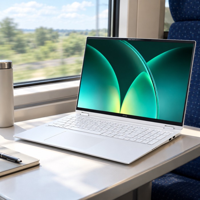 HONOR MagicBook Pro 16 in Moonlight White on a train table