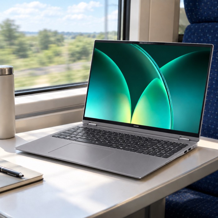 HONOR MagicBook Pro 16 in Starry Gray on a train table