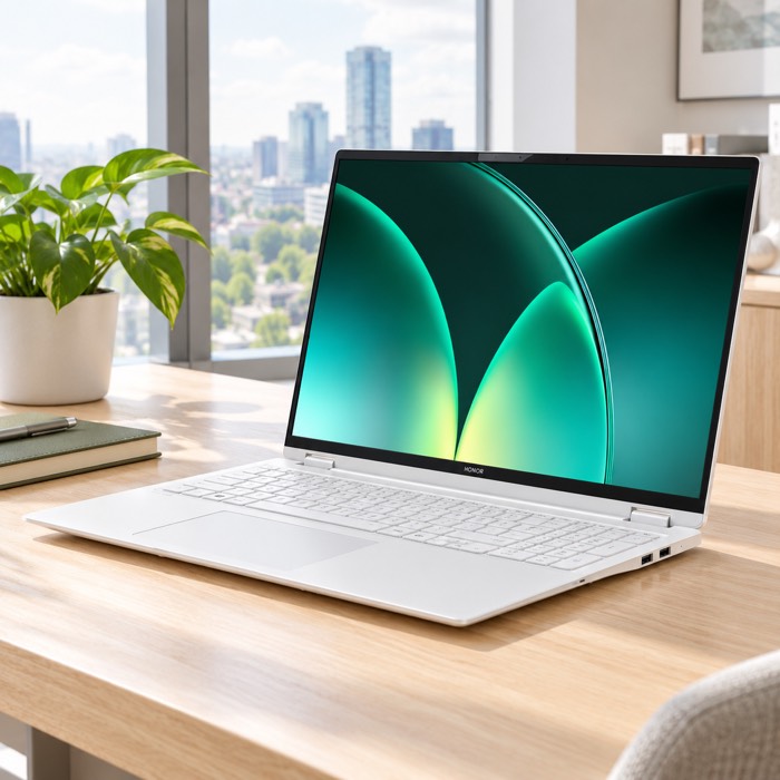 Working on the HONOR MagicBook Pro 16 in Moonlight White at an office desk