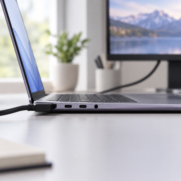 Left port side of the REDMI Book 14 (2027) in Deep Space Gray with an HDMI cable