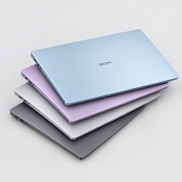Four closed REDMI Book 14 (2027) in Sea Breeze Blue, Nebula Purple, Moonlight Silver and Deep Space Gray