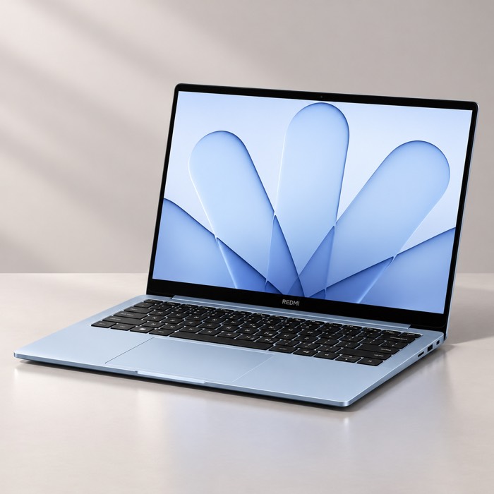 REDMI Book 14 (2027) in Sea Breeze Blue, three-quarter view, open