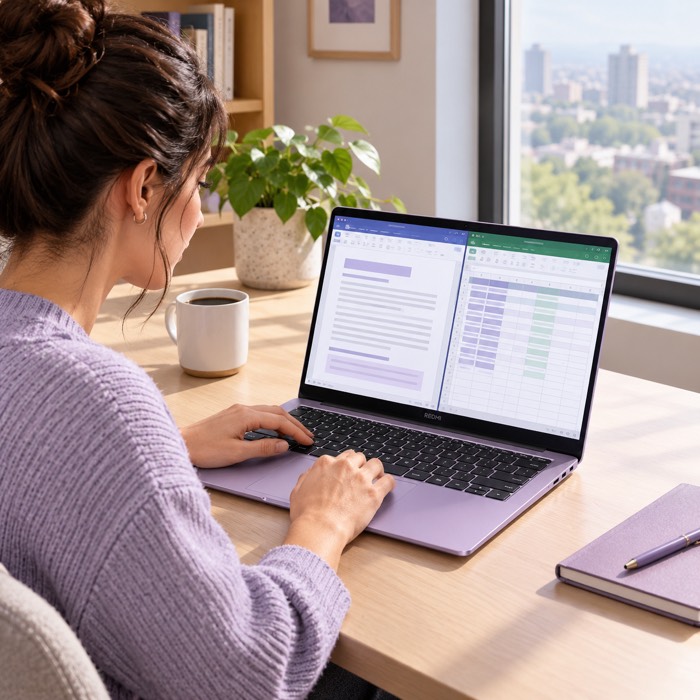 Person working on the REDMI Book 14 (2027) in Nebula Purple with a document and spreadsheet
