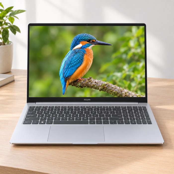 REDMI Book 16 (2027) in Moonlight Silver, front view, 2.5K display with a kingfisher photo