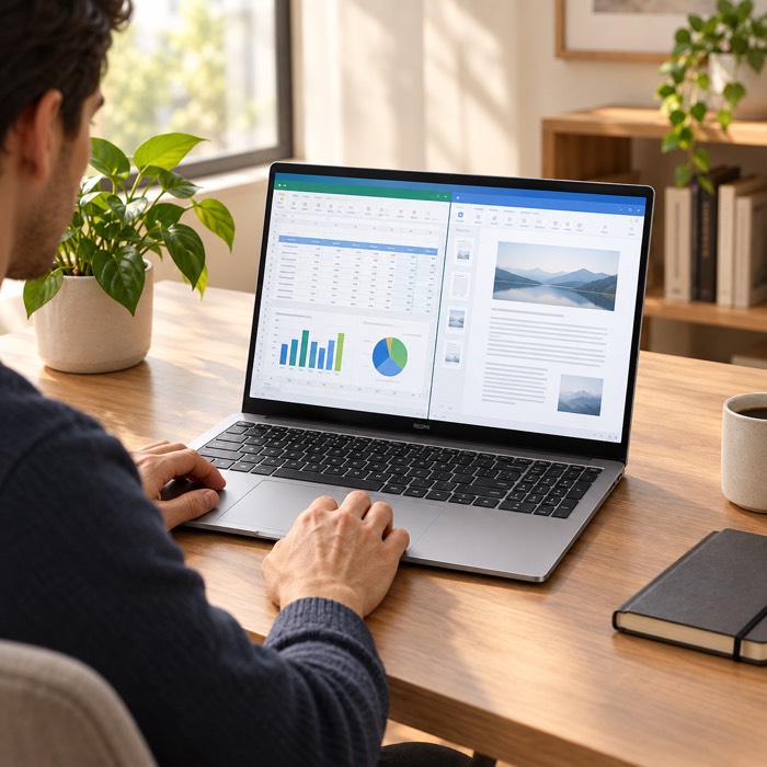 Person working on the REDMI Book 16 (2027) in Deep Space Gray with a document and spreadsheet
